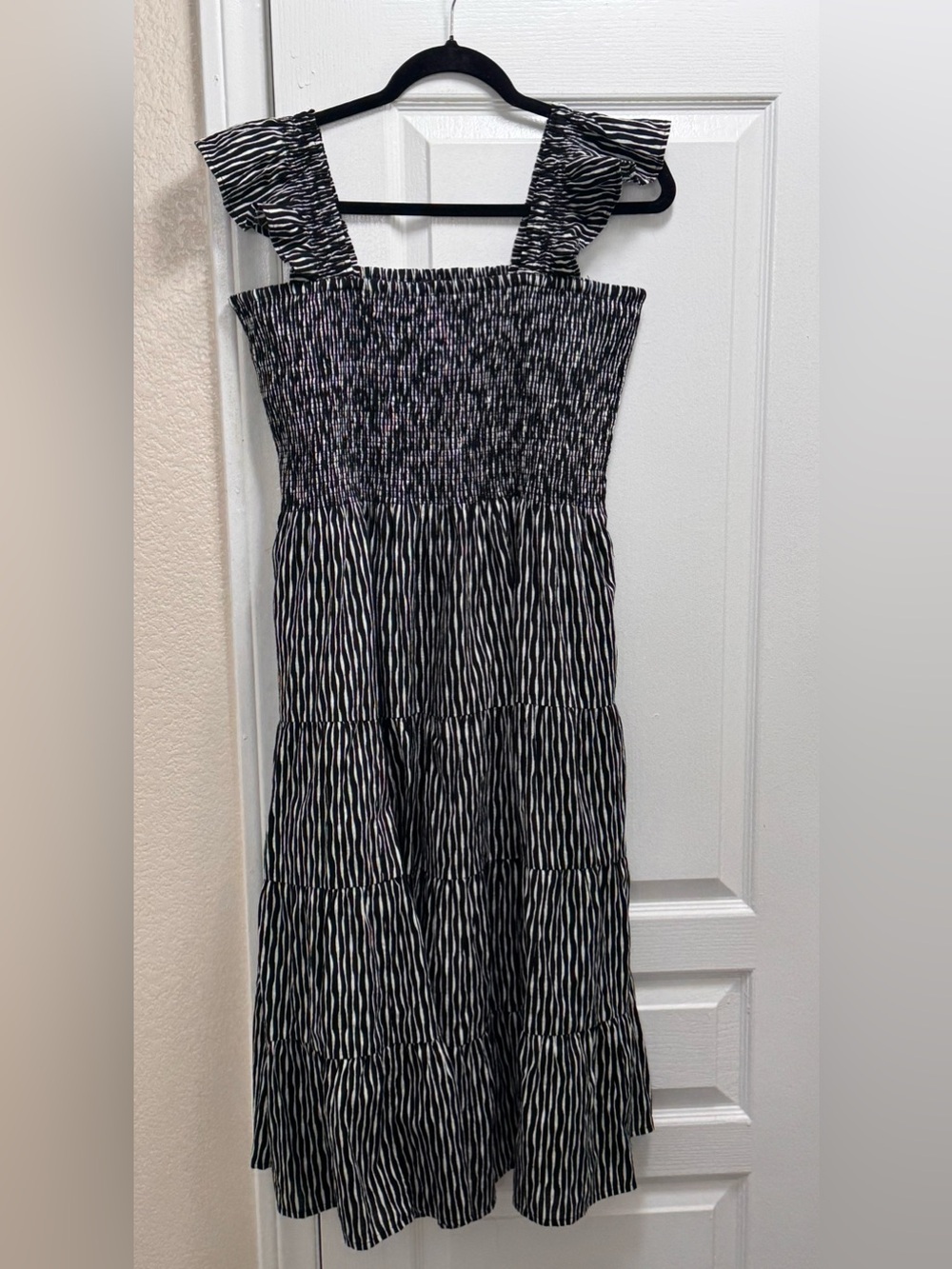 Lands' End Black & White Smocked Maxi Dress with Zebra Stripe